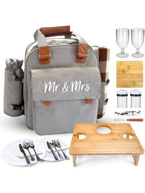 Insulated Picnic Backpack for 2 with Collapsible Table, Wine Glass Holder
